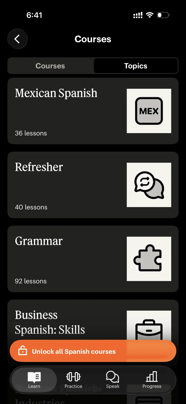 Kurse-Bildschirm der Babbel-App mit strukturierten Spanischkursen – Mexican Spanish, Refresher, Grammar (92 Lektionen) und Business Spanish – sowie den Tabs Learn, Practice, Speak und Progress