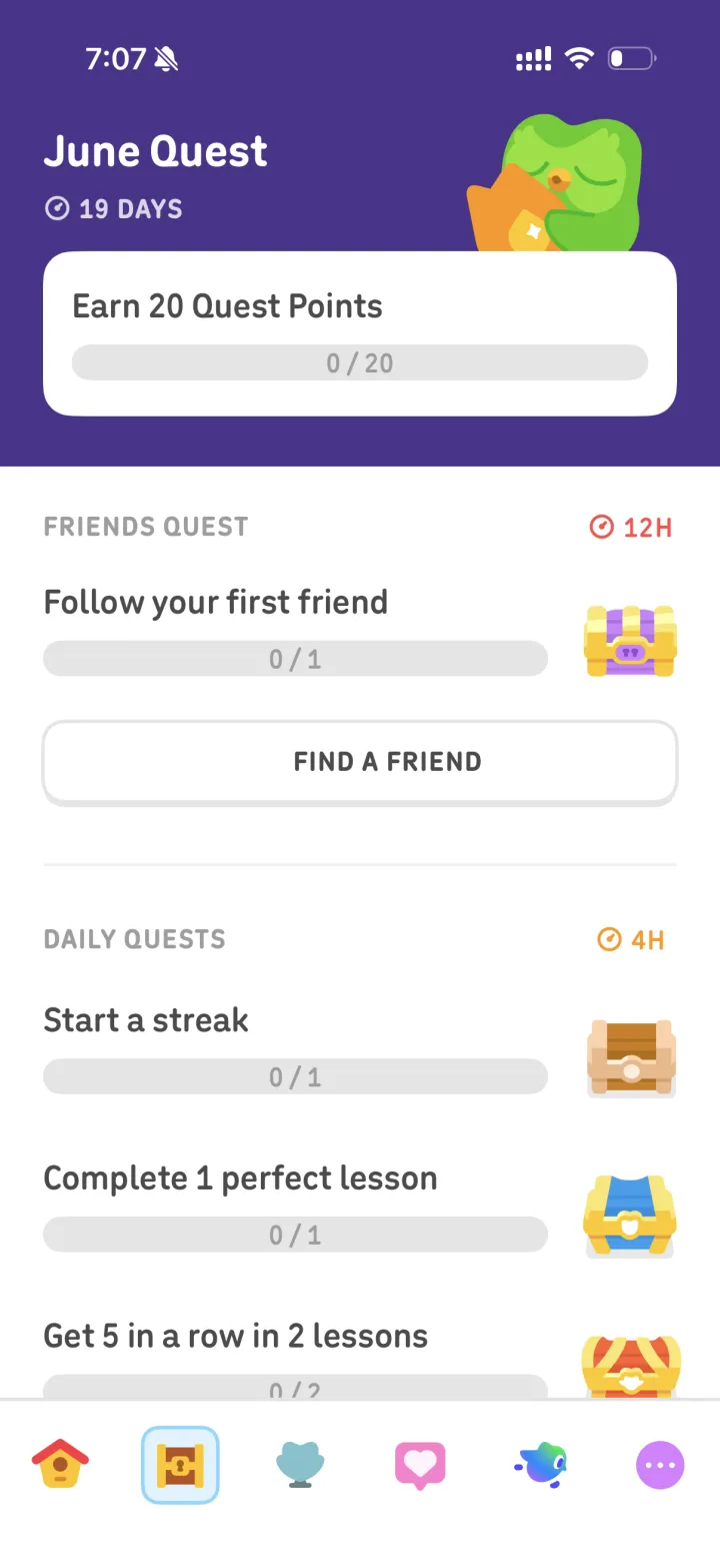Duolingo app showing its gamified June Quest screen with quest points, a friends quest and daily quests such as starting a streak and completing a perfect lesson, each with reward chests