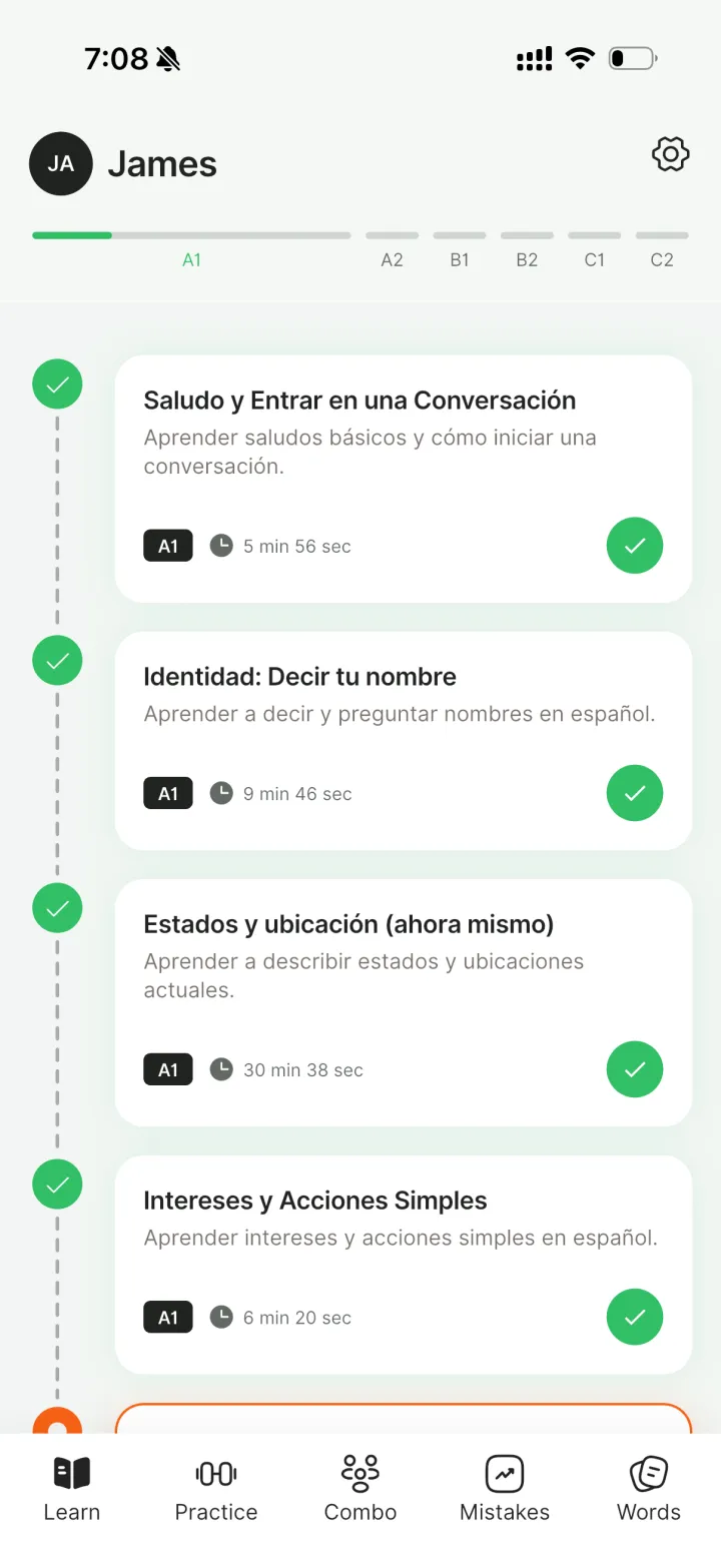 Enverson AI app showing a CEFR-aligned lesson path at level A1, with bite-sized lessons marked complete and Learn, Practice, Combo, Mistakes and Words tabs