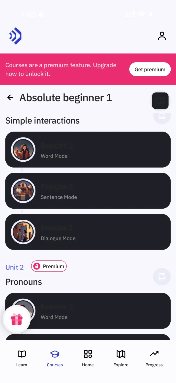 Pantalla de cursos de la app TalkPal con una unidad de principiante absoluto y ejercicios en Word Mode, Sentence Mode y Dialogue Mode, además de un aviso para pasar a premium